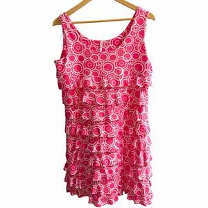 Lulu B Pink Geometric Ruffle Tiered Strapless Slip On Above Knee Dress Size L